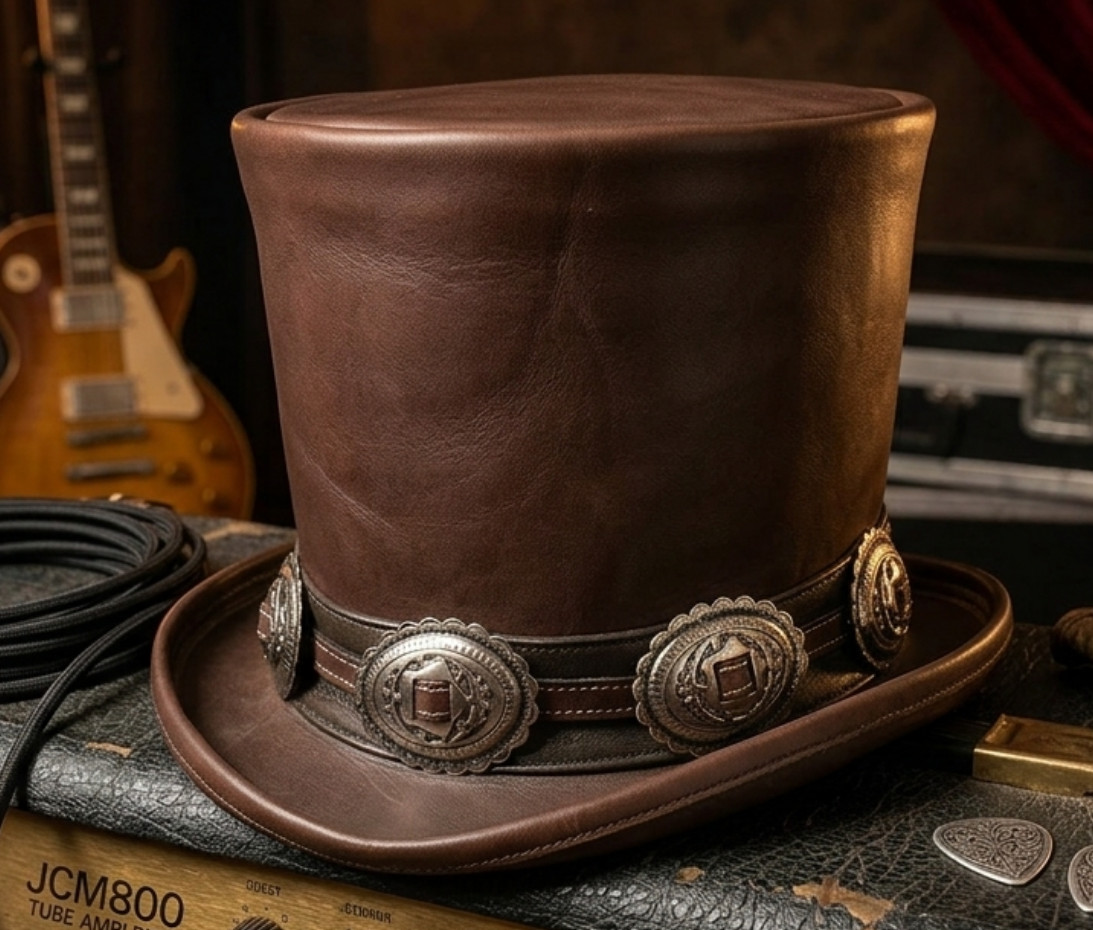 Rocker Style Brown Leather Top Hat with Vintage Silver Conchos Steampunk NEW HAT