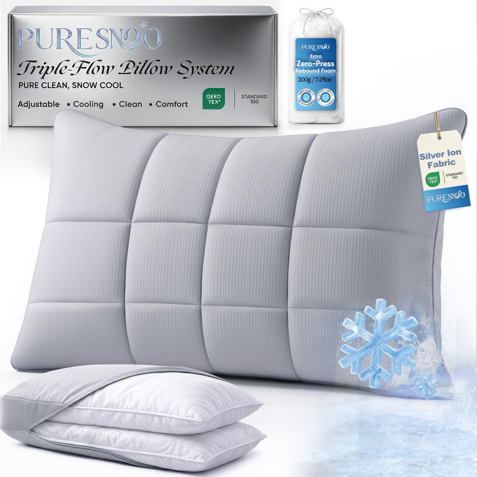 puresnoo Silver-Infused Cooling Pillow Adjustable Side Sleeper