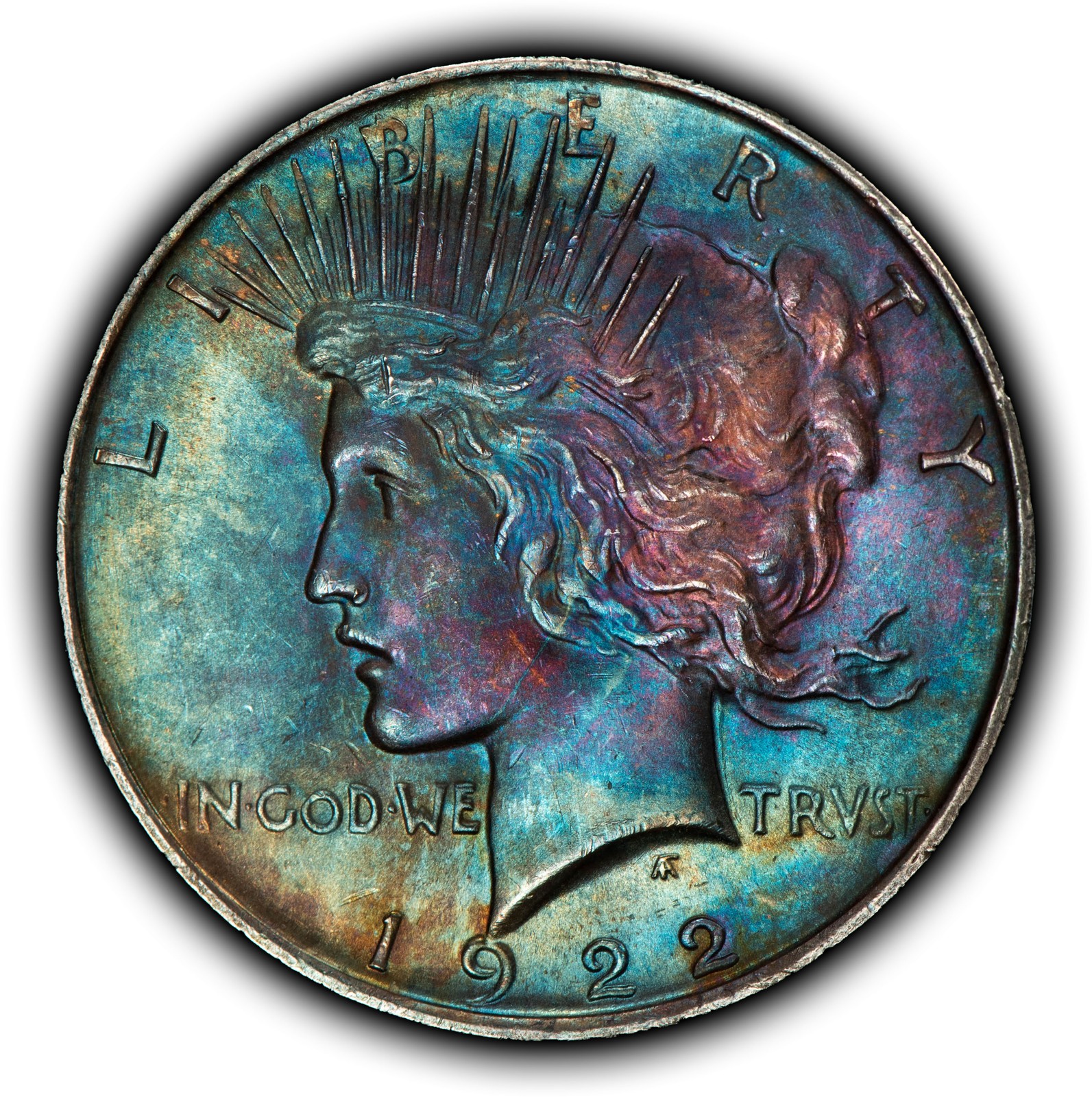 1922 $1 Silver Peace Dollar - Dramatic Rainbow Toning - BU - SKU-D7840