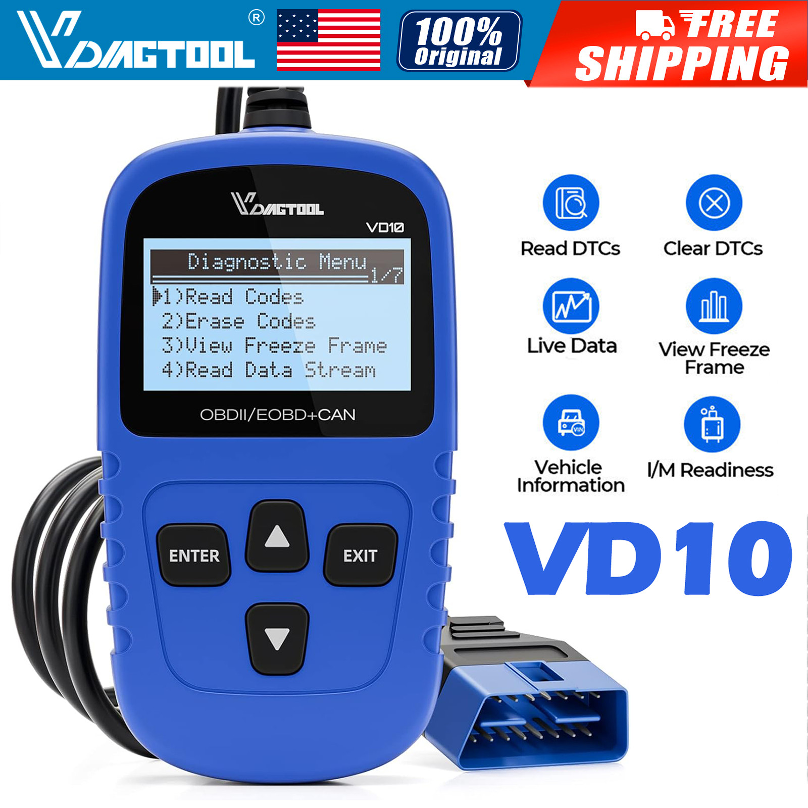 VD10 OBD2 Scanner Check Engine Light Fault Code Reader Live Data Diagnostic Tool