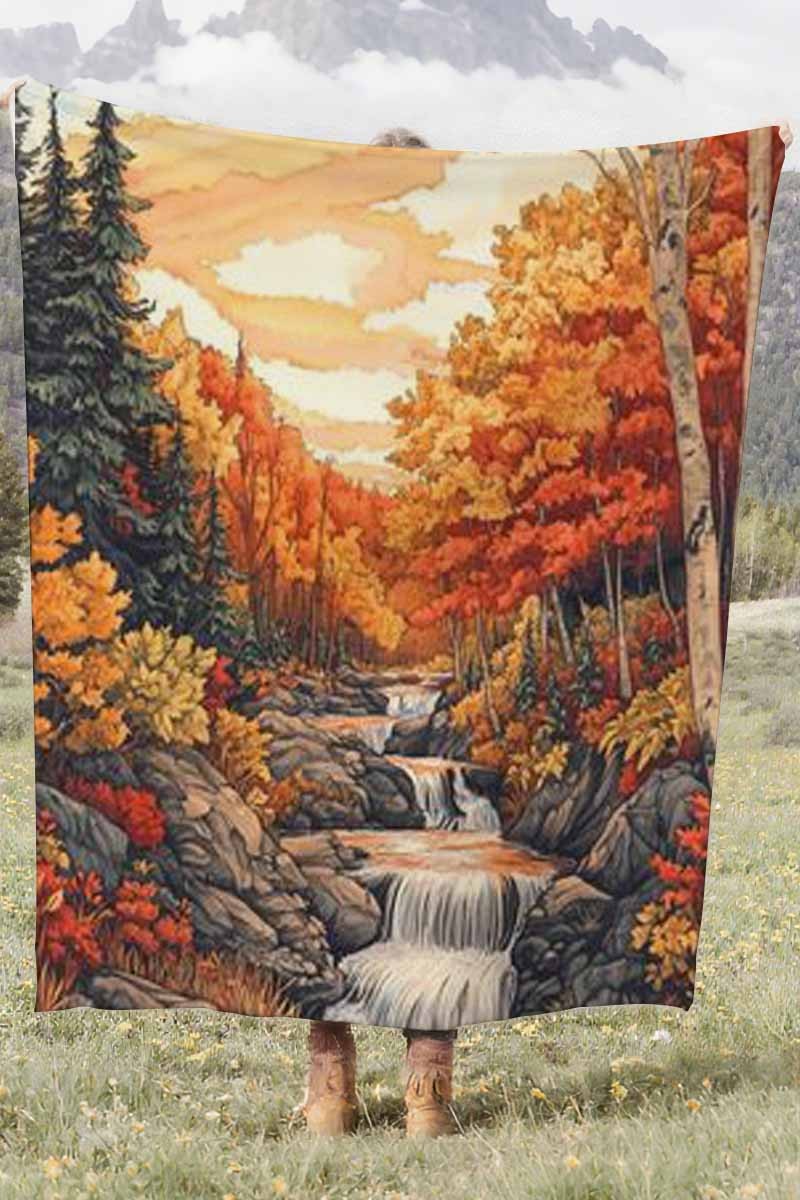 Autumn Waterfall Forest Coral Fleece Cozy Throw Blanket Rustic Stunning