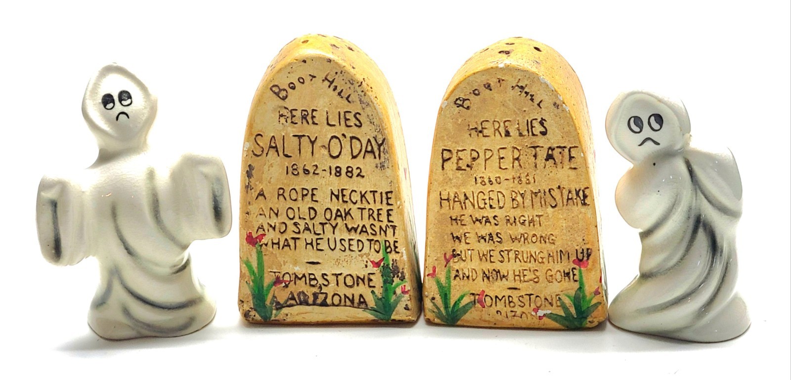 2 Sets Vintage Boot Hill Tombstone & Spooky Ghosts Salt & Pepper Shakers ●Japan