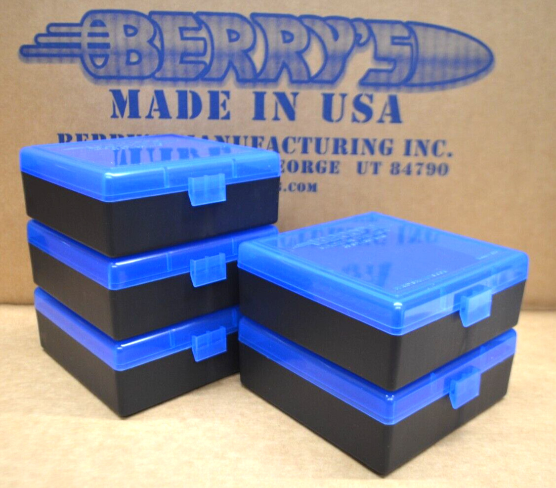 38 / 357 BERRY AMMO BOXES 100 ROUND STORAGE & RELOADING (5-Pack BLUE / BLACK )