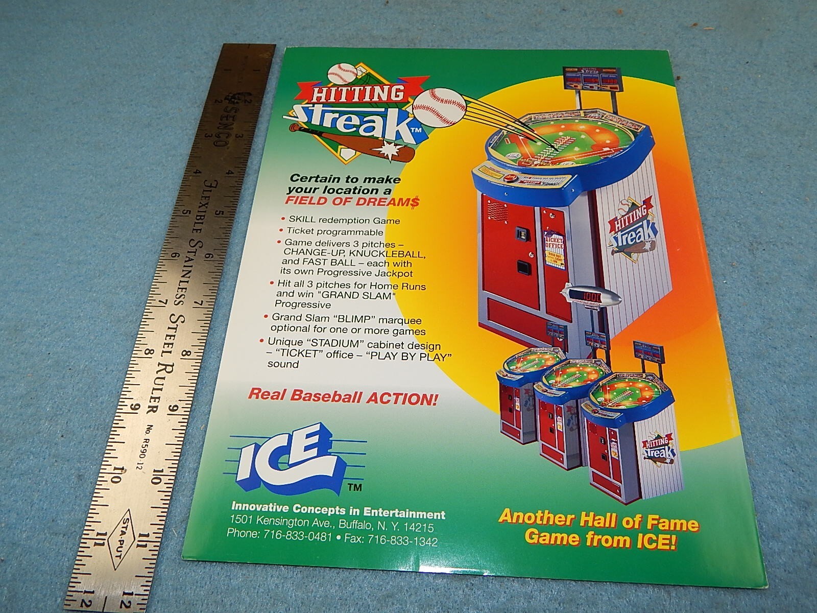 1995 I.C.E. HITTING STREAK arcade game advertising flyer