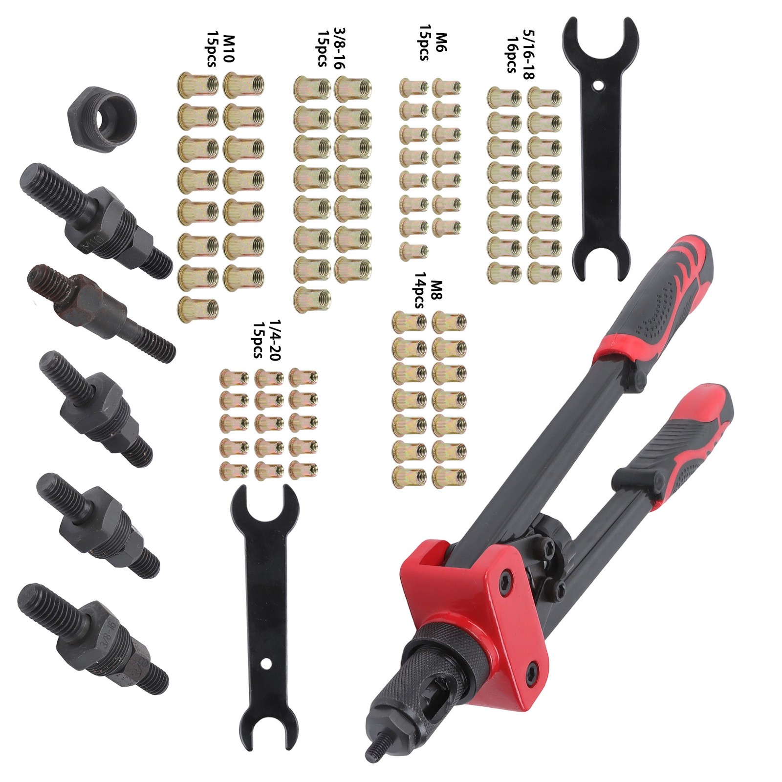 Hand Riveter 90Pcs Rivet Nuts Tool 14" 6 Various mandrels and Carrying Case