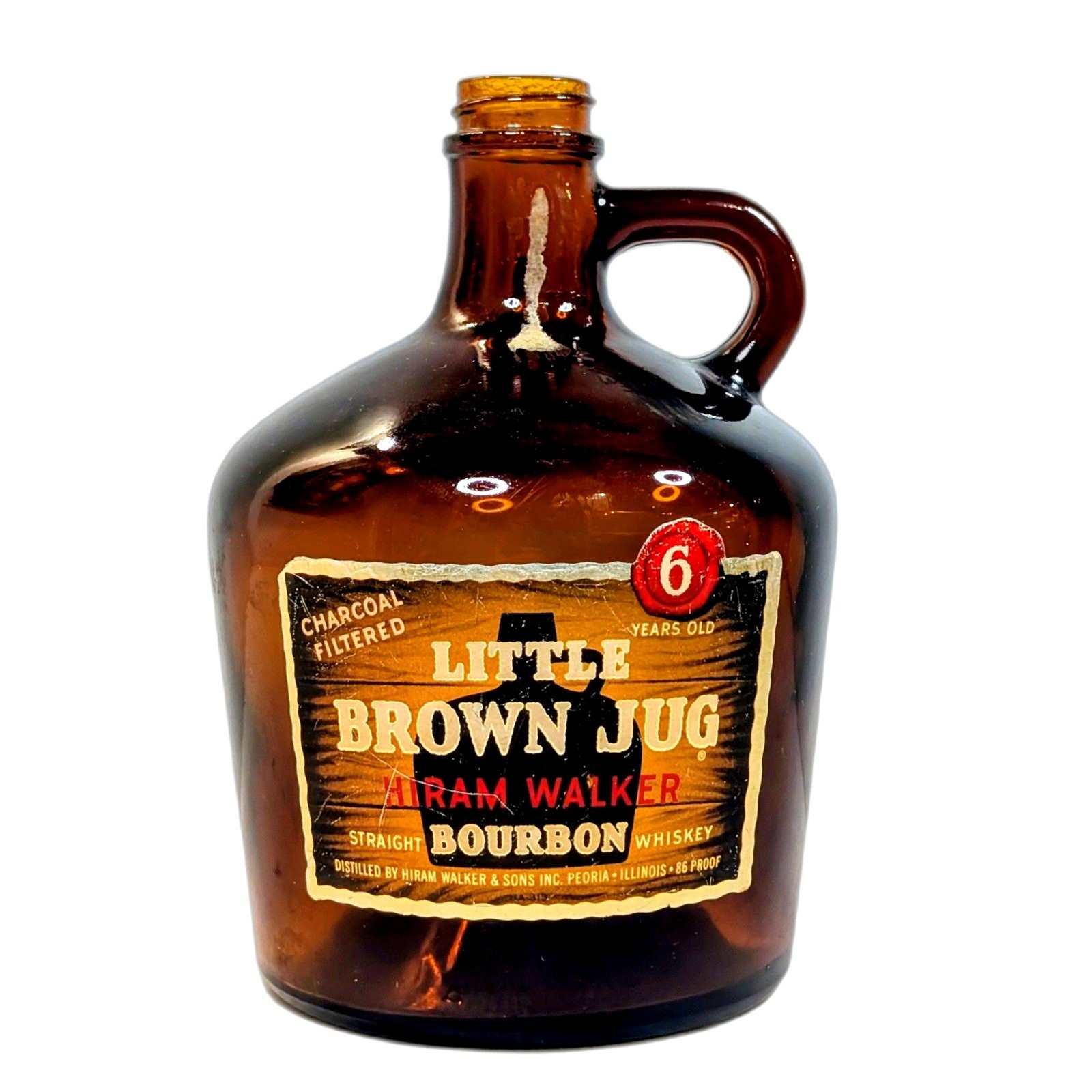 Vintage Hiram Walker Little Brown Jug Bourbon Whiskey Bottle Amber Glass 6 Year