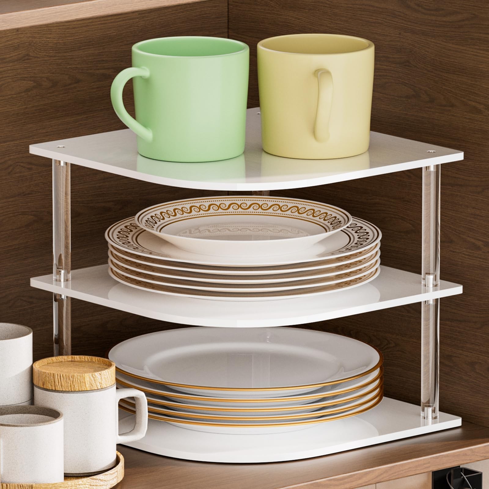 Plate Organizer for Cabinet Space Saver - Acrylic Corner Shelf for Dishes, Bo...
