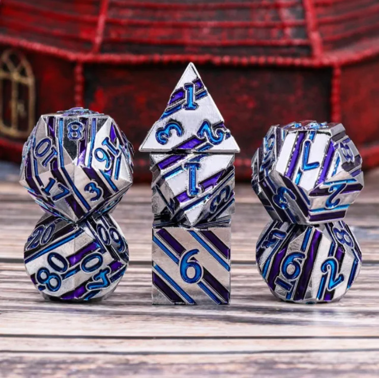 Banded Silver w/Blue & Purple | Metal DnD Dice Set | Dungeons & Dragons AD&D d20