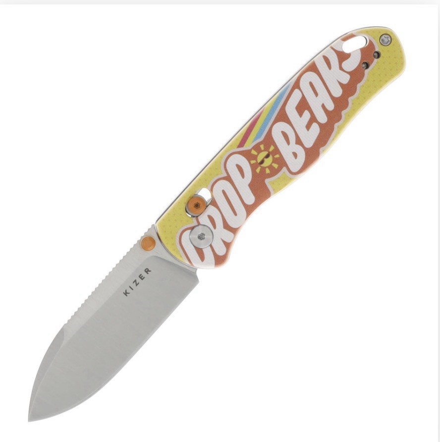 Kizer Drop Bear Sunny Yellow SMKW Exclusive 2.99 Inch Plain Satin Drop Point