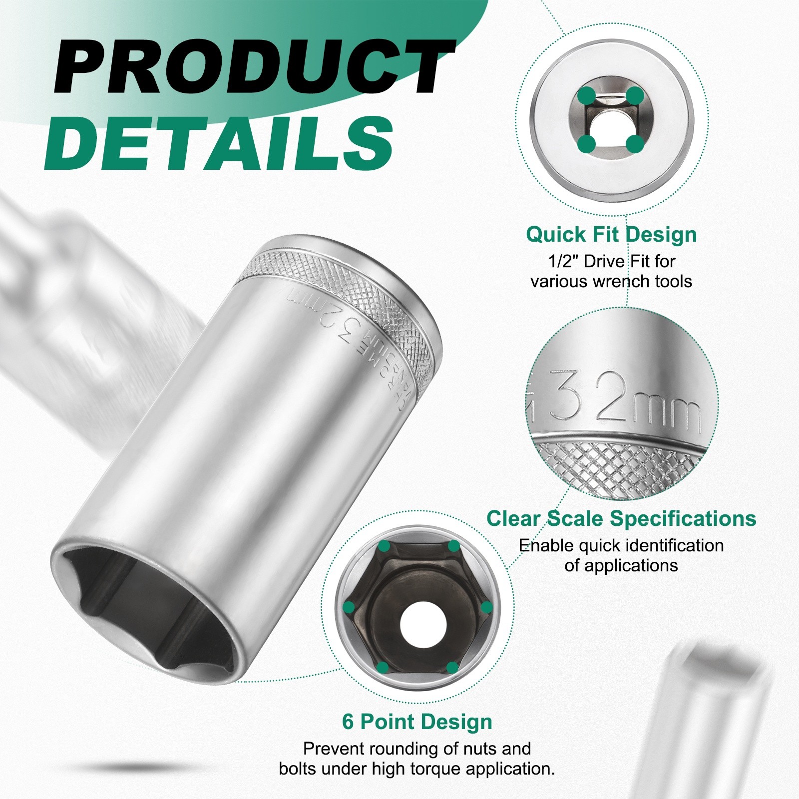 6 Points Deep Socket 1/2" Drive 32mm Nickel Plating Hex Socket 3.1" Long