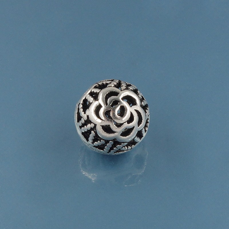 Antiqued Sterling Silver 10mm Openwork Floral Rose Round Bead #33820