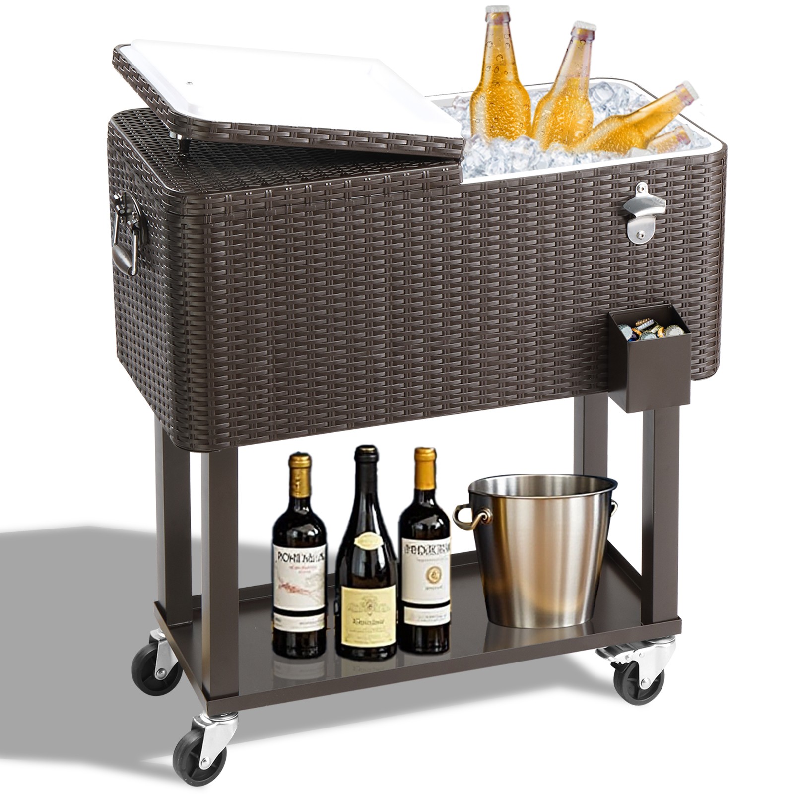 80QT Rattan Square Legs Cooler with Shelf