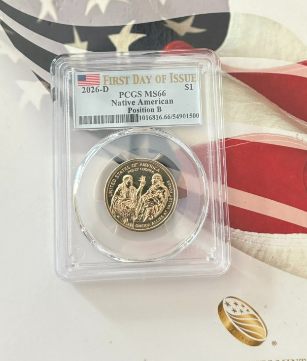 2026-D PCGS MS66 Native American Position B FIRST DAY OF ISSUE FLAG