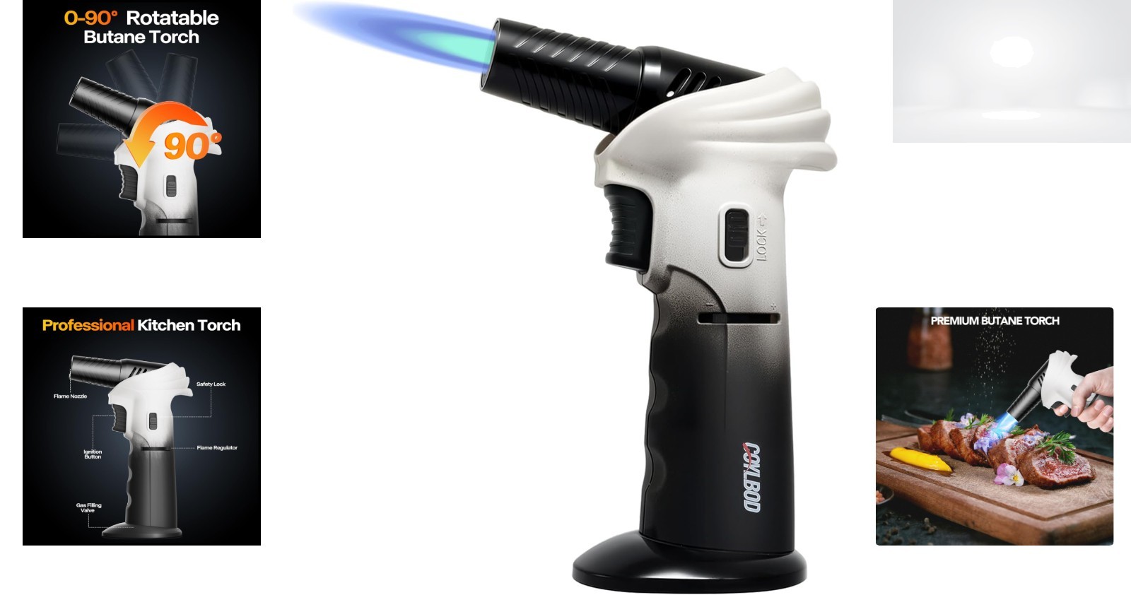 Butane Torch Lighter Adjustable Flame Refillable 0-90° Rotating Head White Black