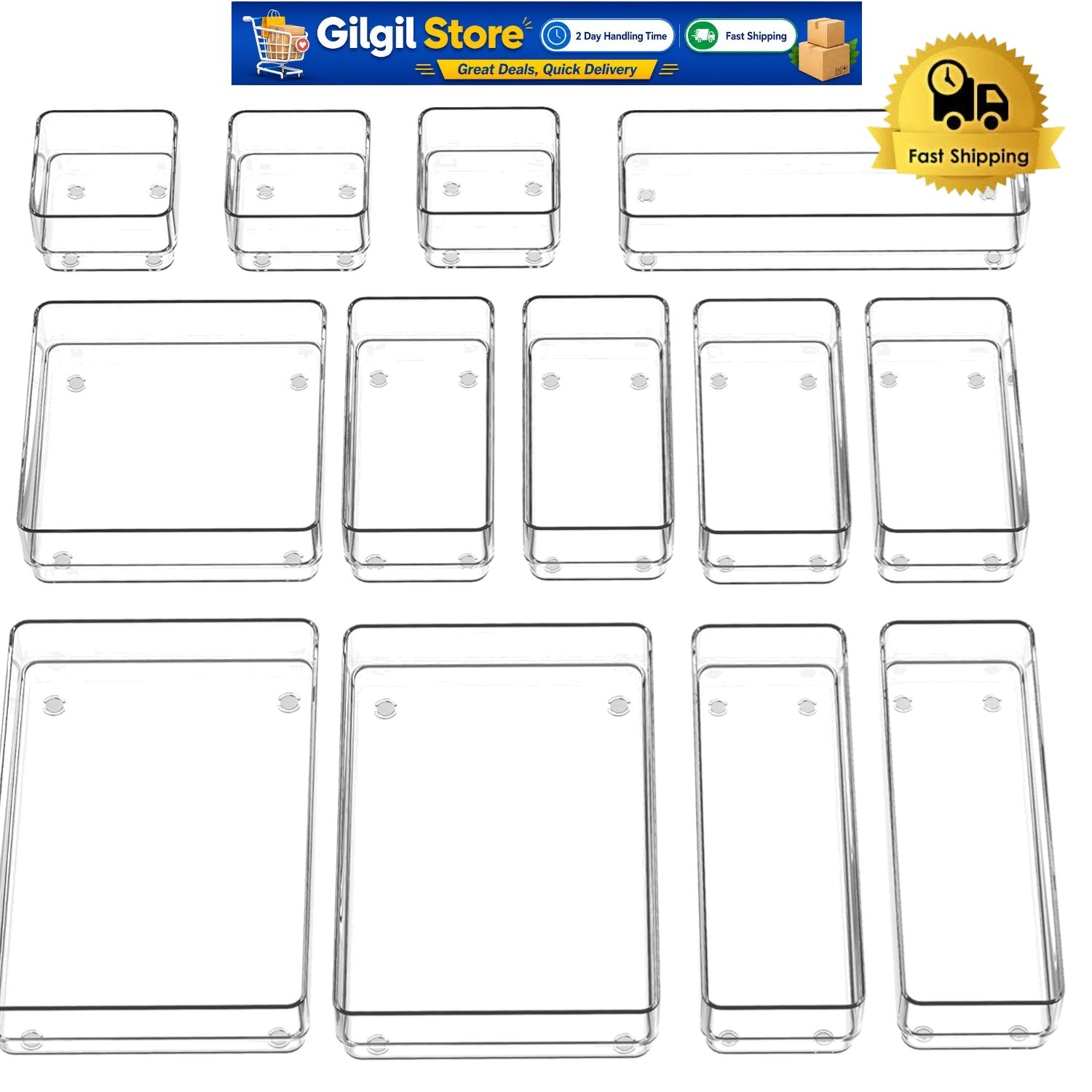 Clear 13-Piece Stackable Drawer Organizer with 5 Sizes for Ultimate Storage