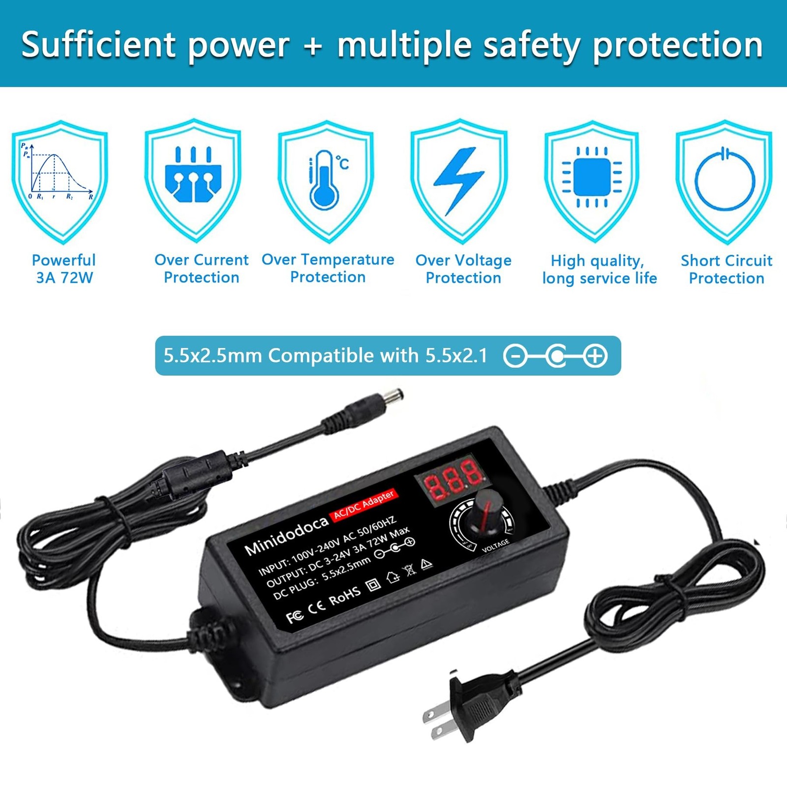 72W Power Supply Adjustable 3V ~ 24V Variable Universal Switching AC/DC Adapt...