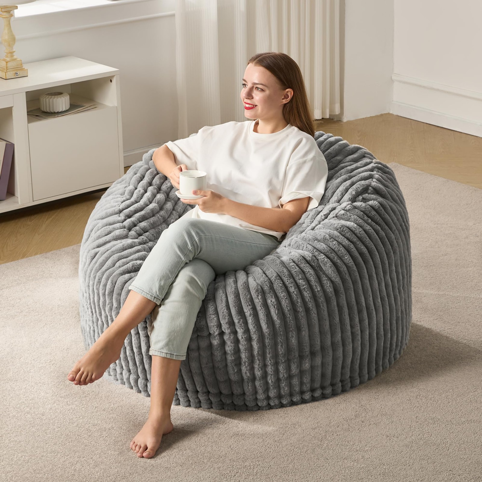 3ft Bean Bag Chairs for Adults Large Beanbag Chair with Stripe Plush Cover Bi...