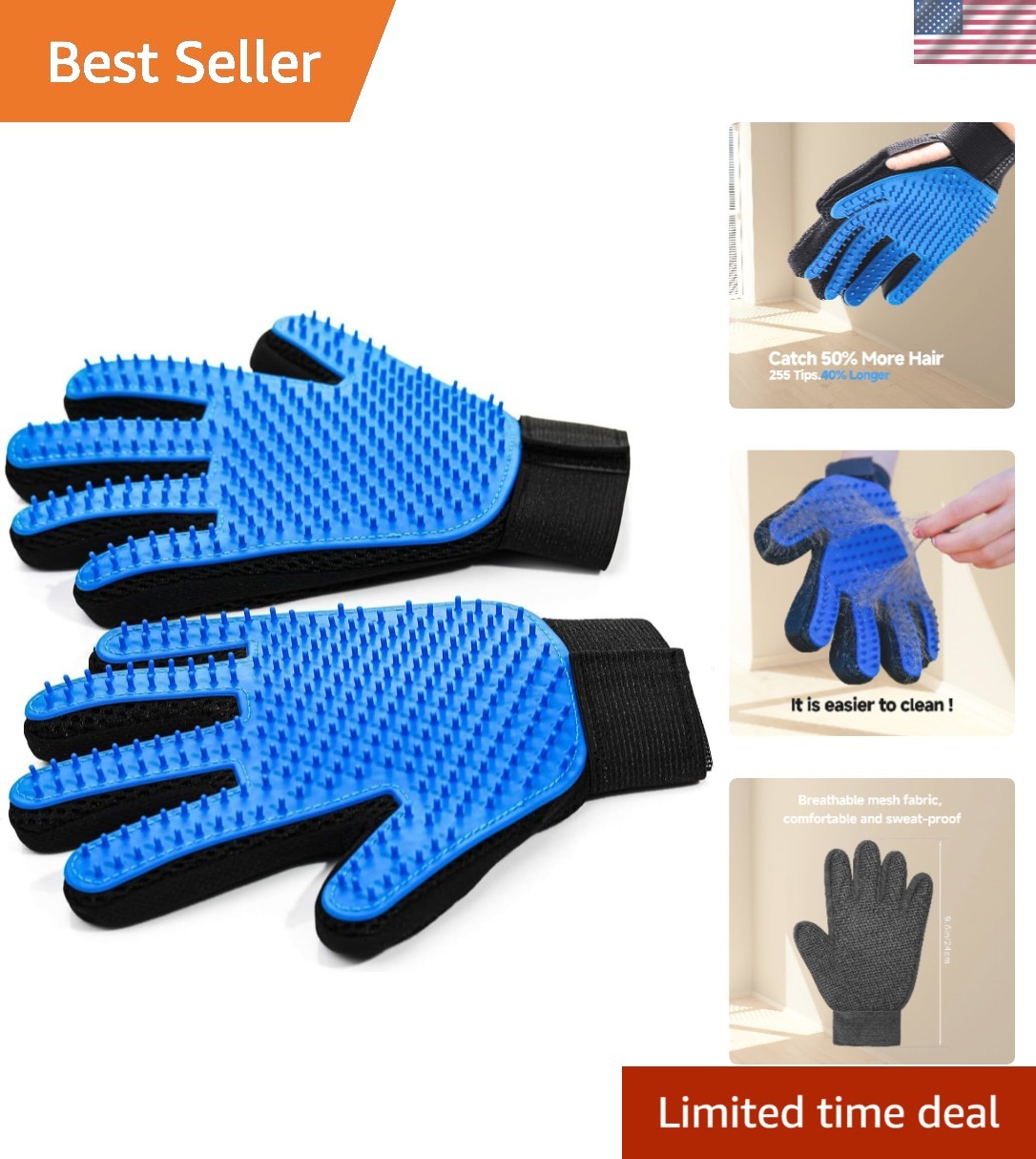 Pet Hair Removal Grooming Glove for Dogs & Cats- 2-in-1 Deshedding Brush & Ma...