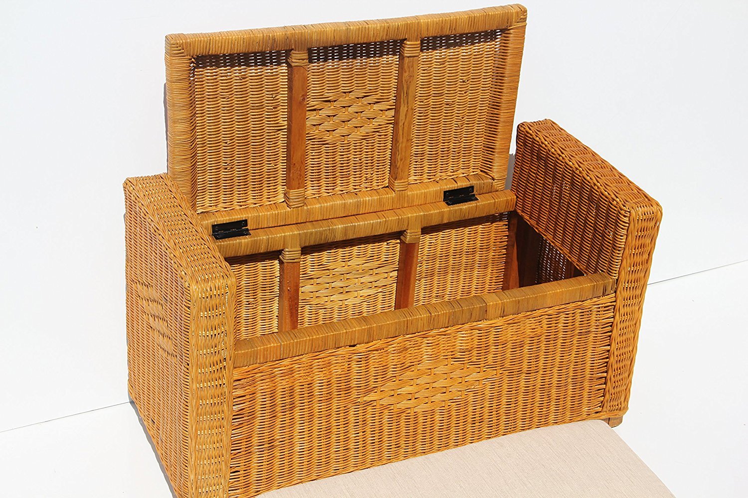 Handmade Rectangular Chest Ottoman Bruno Rattan Wicker w/ Cushion 32", Cognac