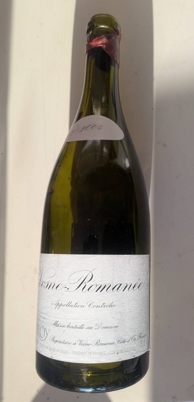 Domaine LEROY VOSNE ROMANEE CRU  empty bottle 2004 Leroy no cork wine france