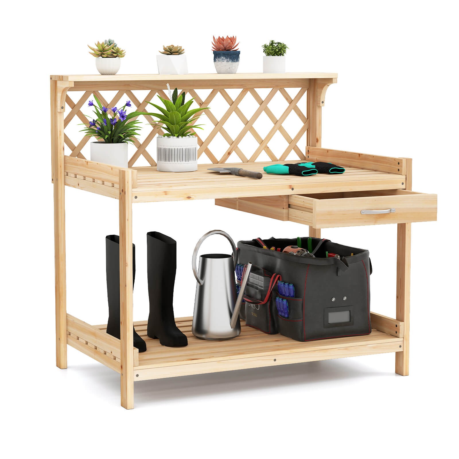 Garden Potting Bench Table w/Lattice Trellis Removable Drawer Top & Lower Shelf