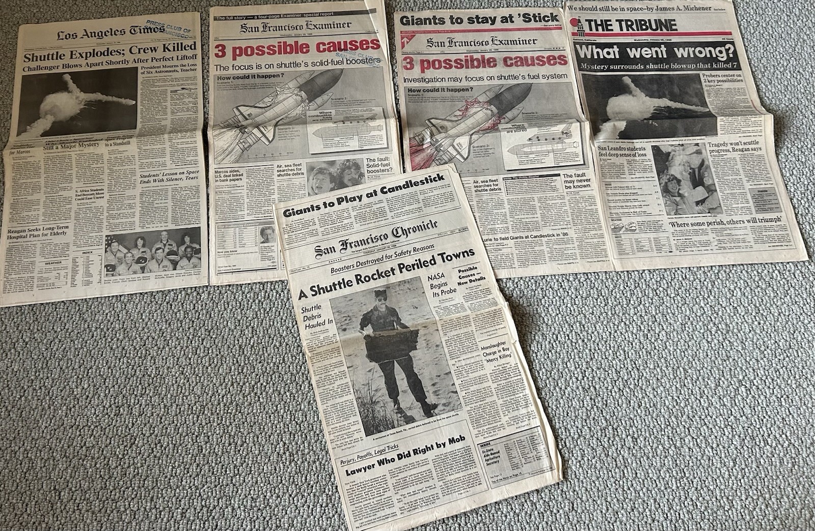 NASA Space Shuttle Challenger Explosion 5 Newspapers Press Club S.F.