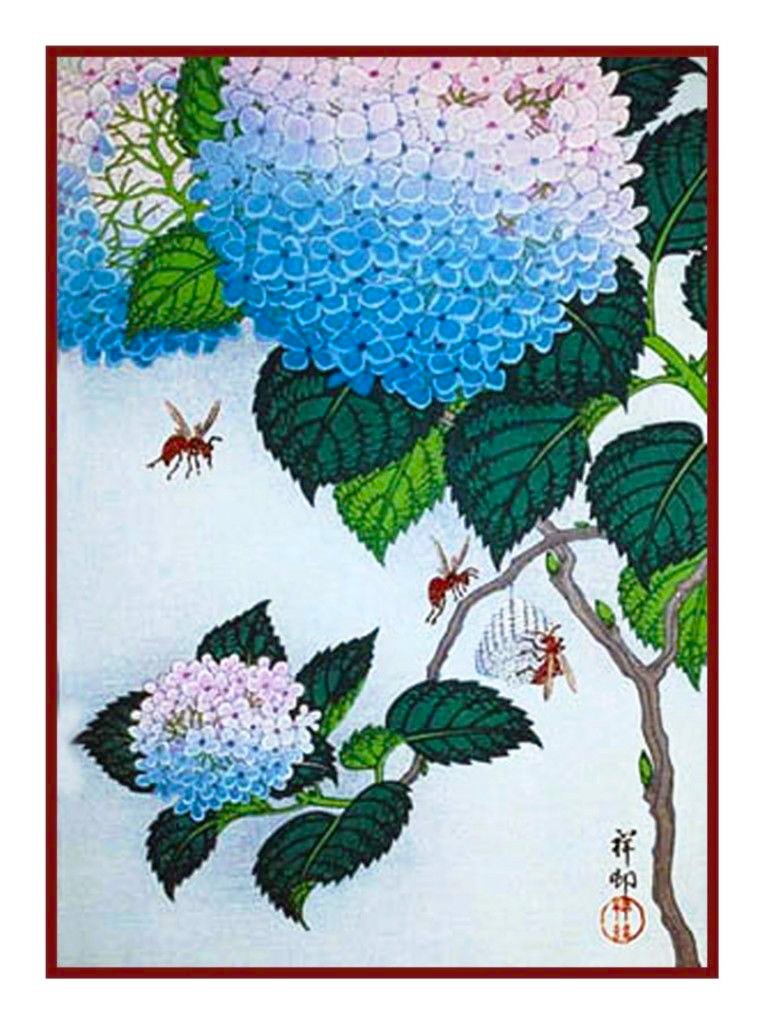 Hydrangea Flower Bees by Asian Ohara Koson Shoson Counted Cross Stitch Pattern