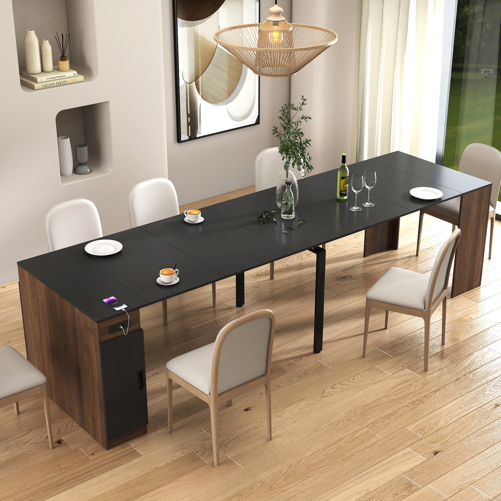 Modern Multifunctional Extendable Dining Table with Outlet, Space Saving Table