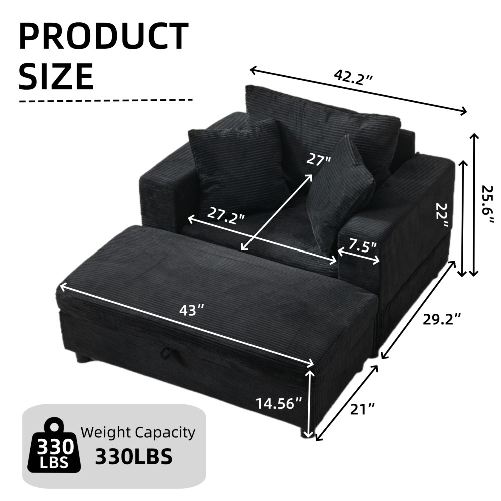 Modern Chaise Lounge Chair w/ Removable Ottoman & Pillows, Black Corduroy