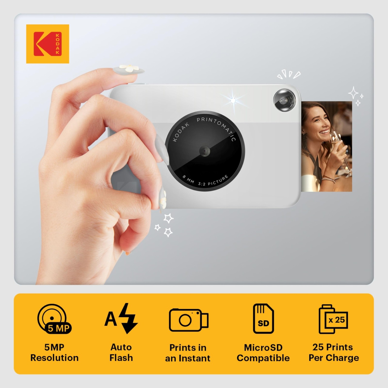 KODAK Printomatic Full-Color Instant Print Camera Gift Bundle + Soft Grey