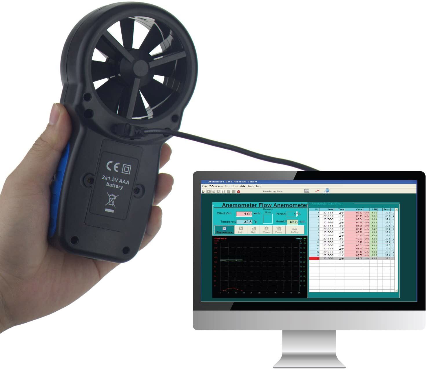 Digital Anemometer Handheld CFM Wind Speed Meter Air Flow Meter Temperatur 40m/s