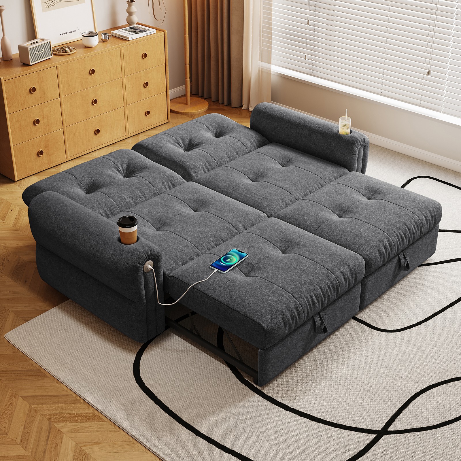 77" Convertible Sofa Bed 2-in-1 Sleeper with Chaise Lounge, Dark Grey Chenille