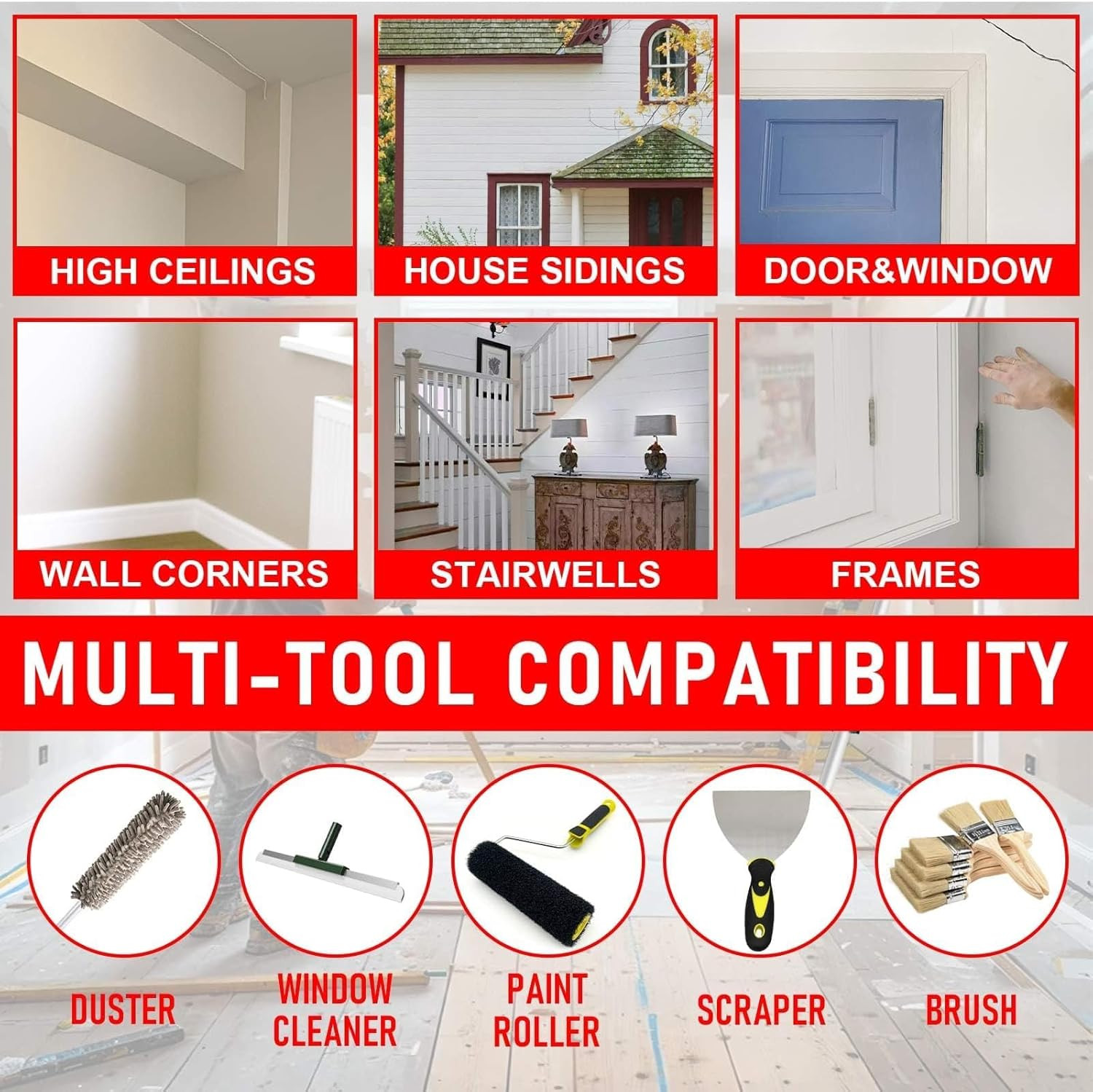 55" Multi-Angle Paint Brush Extender, Extension Pole Attachments with Rotating H