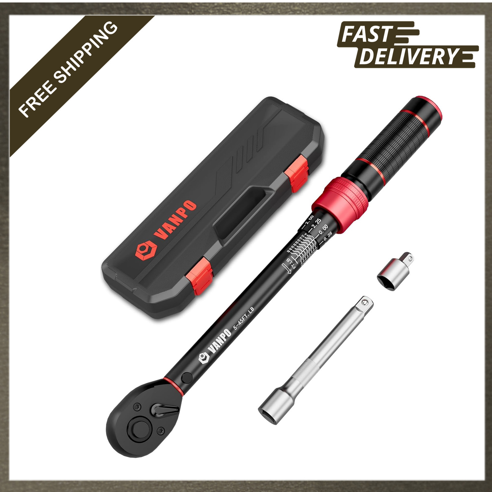 Torque Wrench 3/8 Inch Drive 5-45 Ft-Lb Aluminum Dual-Direction Click Style for