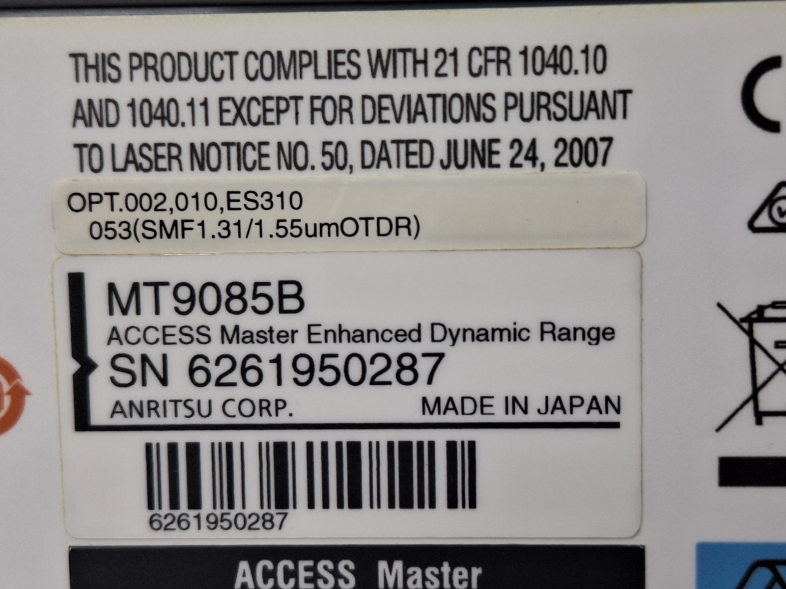 Anritsu MT9085B OTDR - ACCESS Master Op. 002 010 053 (0287)