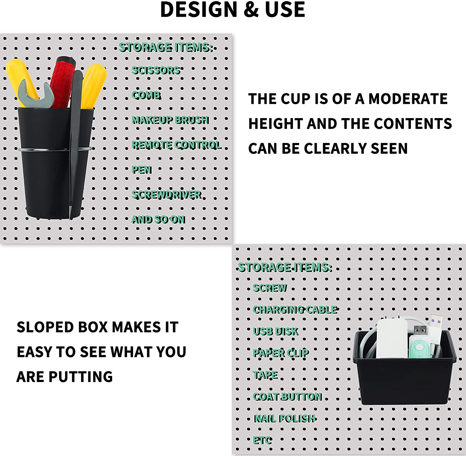 6 Sets Pegboard Bins Pegboard Cups with Hooks, Pegboard Hooks Assortment, Hooks