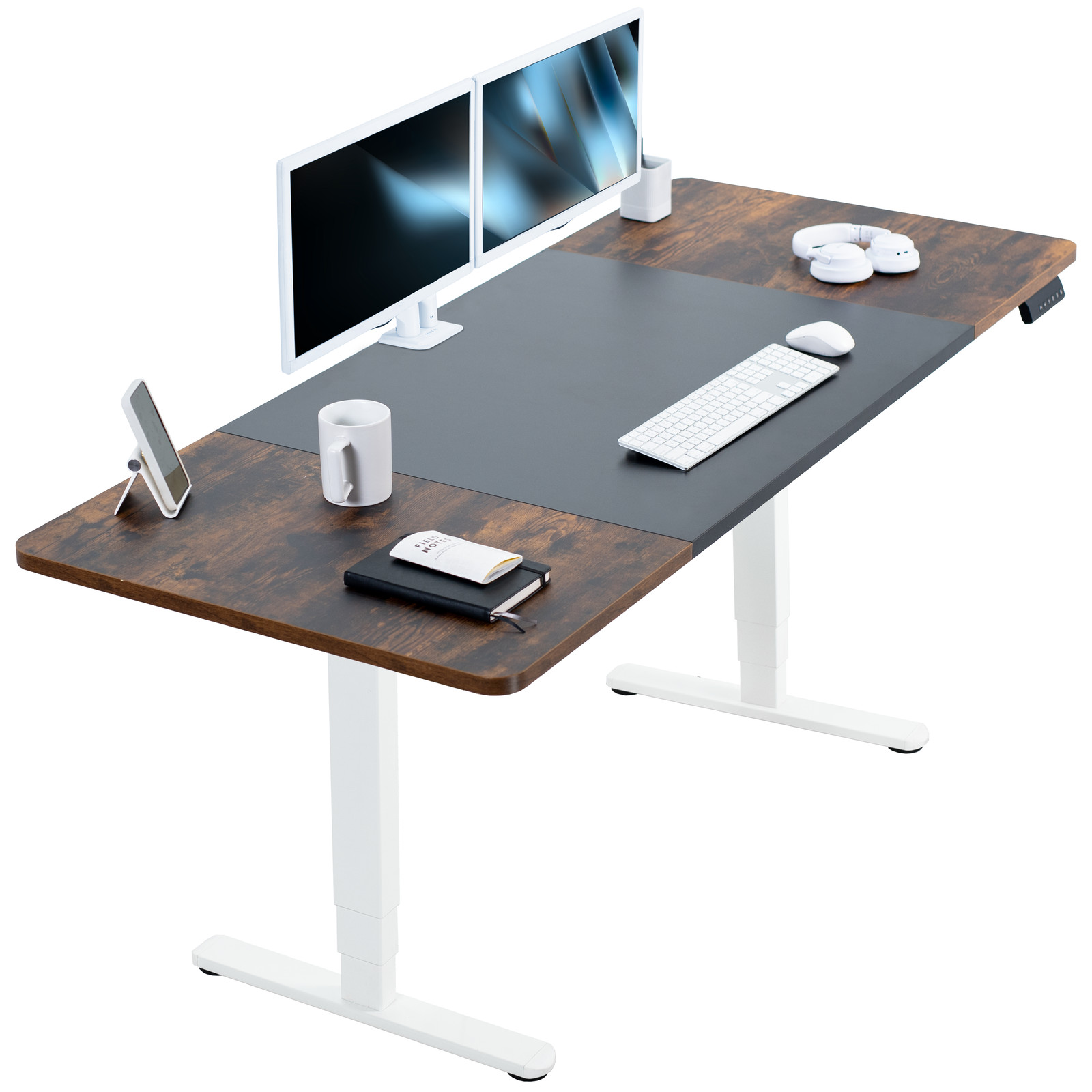 VIVO Electric 71”x30” Stand Up Desk, Black/Vintage Brown Table Top, White Frame