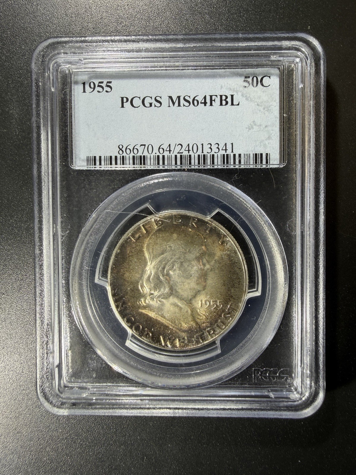 1955 50C Franklin Half Dollar PCGS MS 64 FBL NICE TONING Strong Look 90% Silver