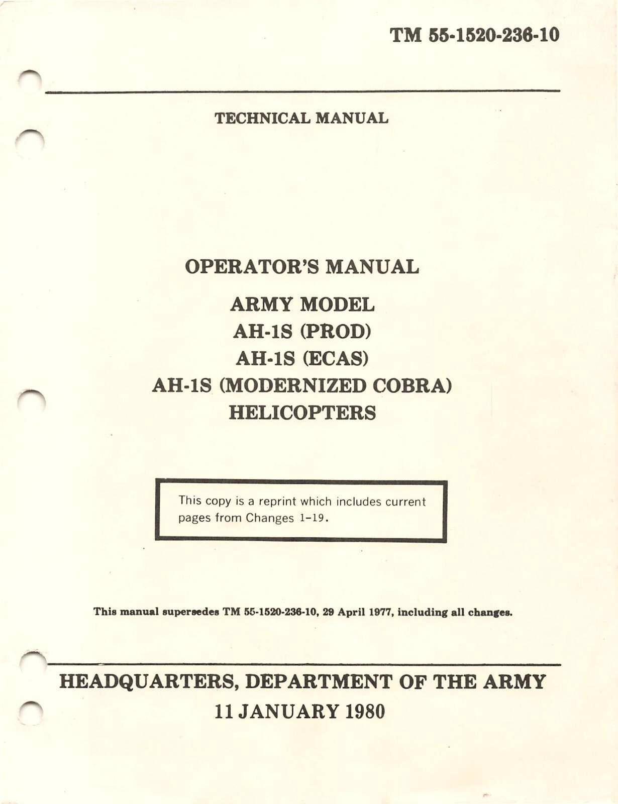 Bell AH-1S Helicopter  (PROD, ECAS, MOD) 1986  Operators Manua Flight Manual -CD