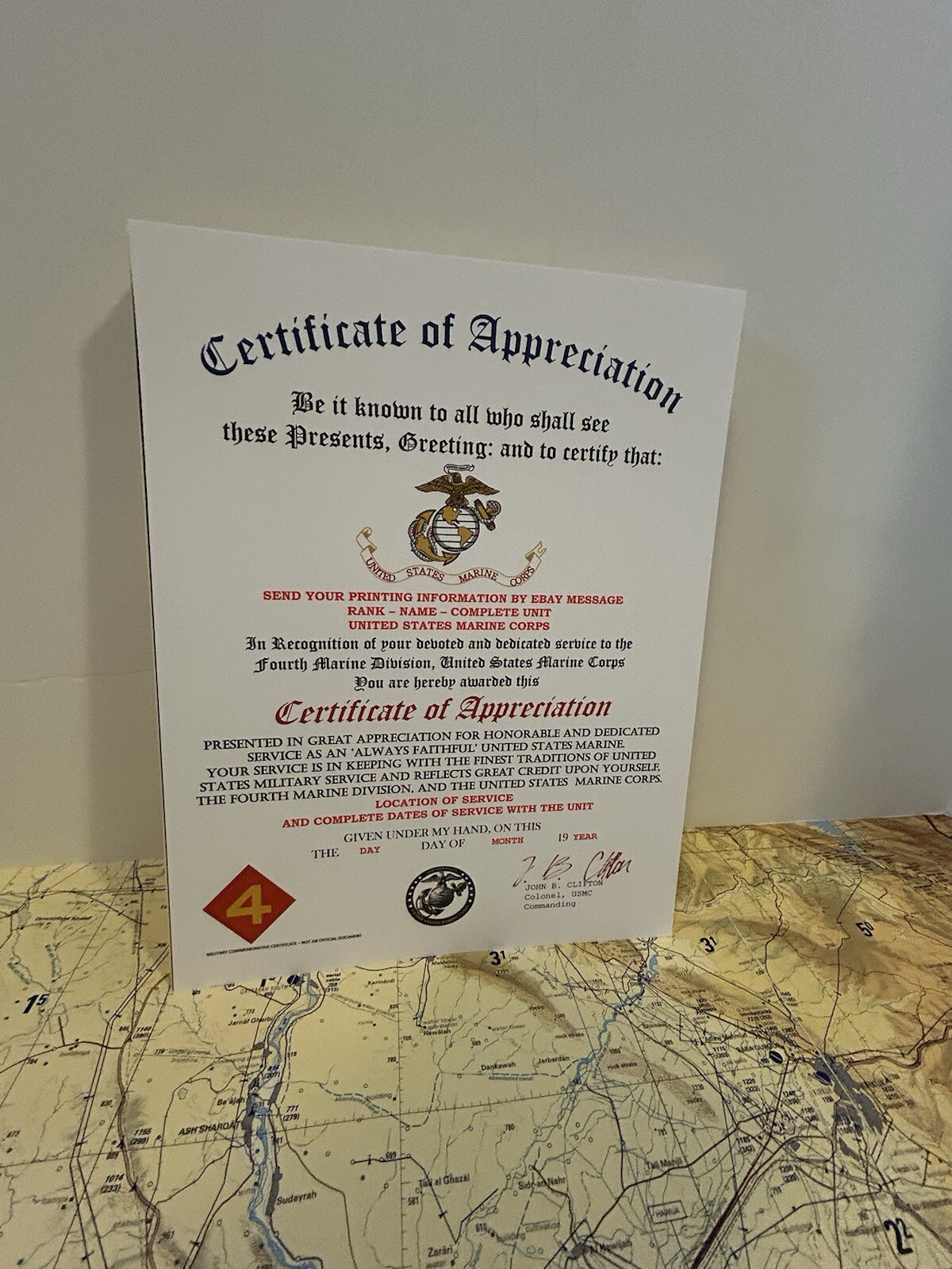U.S. MARINE CORPS / 4TH MARINE DIVISION - CERTIFICATE OF APPRECIATION