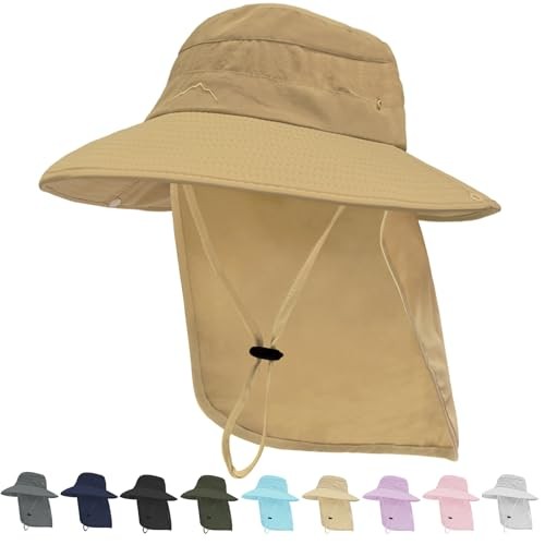 Sun Hats for Men Women,50+ UPF Safari Hat,Wide Brim Fishing Hat with 1 Khaki