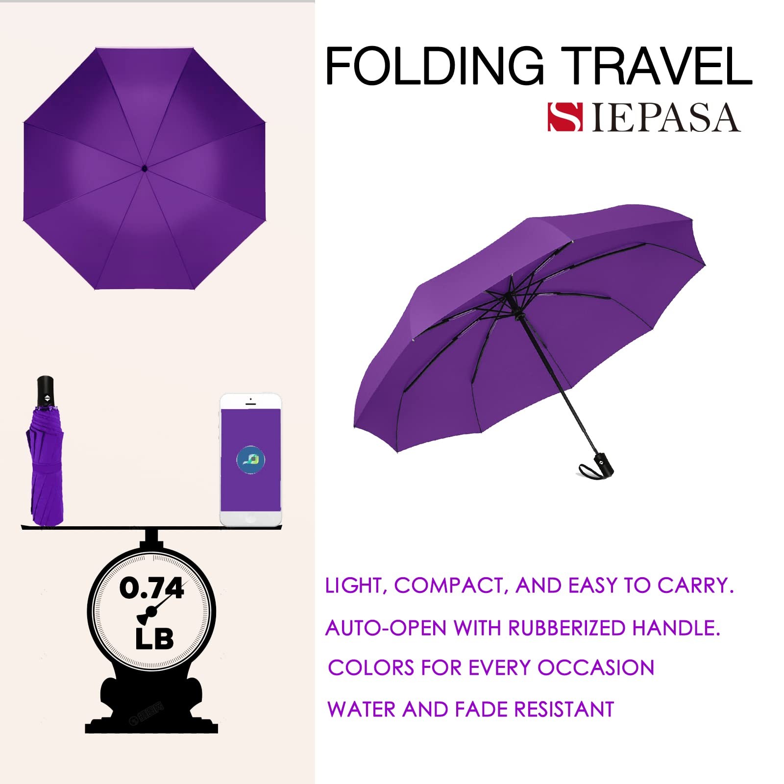 SIEPASA Windproof Travel Compact Umbrella-Automatic 42 Inch-1 Pack, Purple