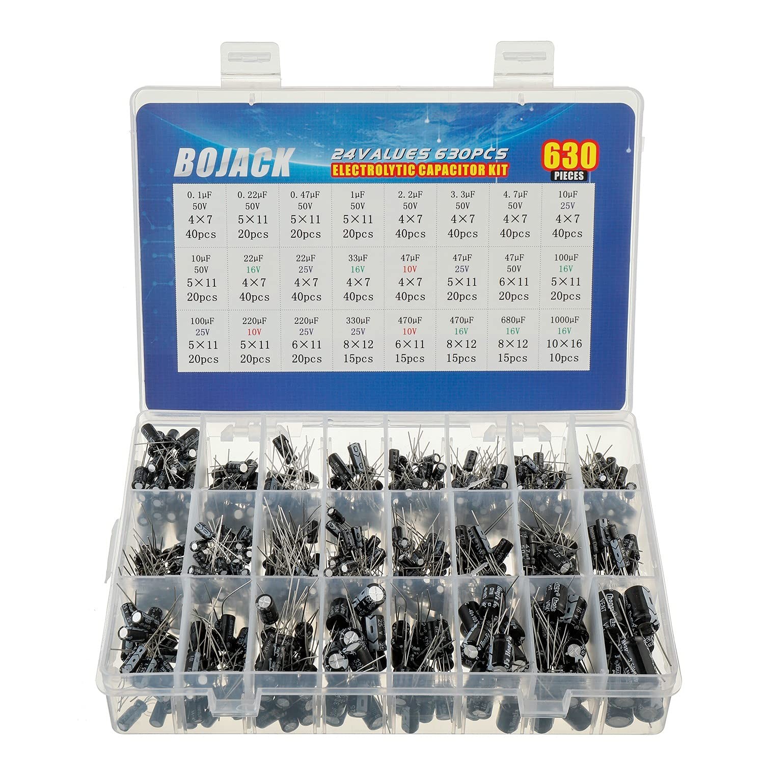 24Value 630pcs Aluminum Electrolytic Capacitor Assortment Box Kit Range 0.1uF...