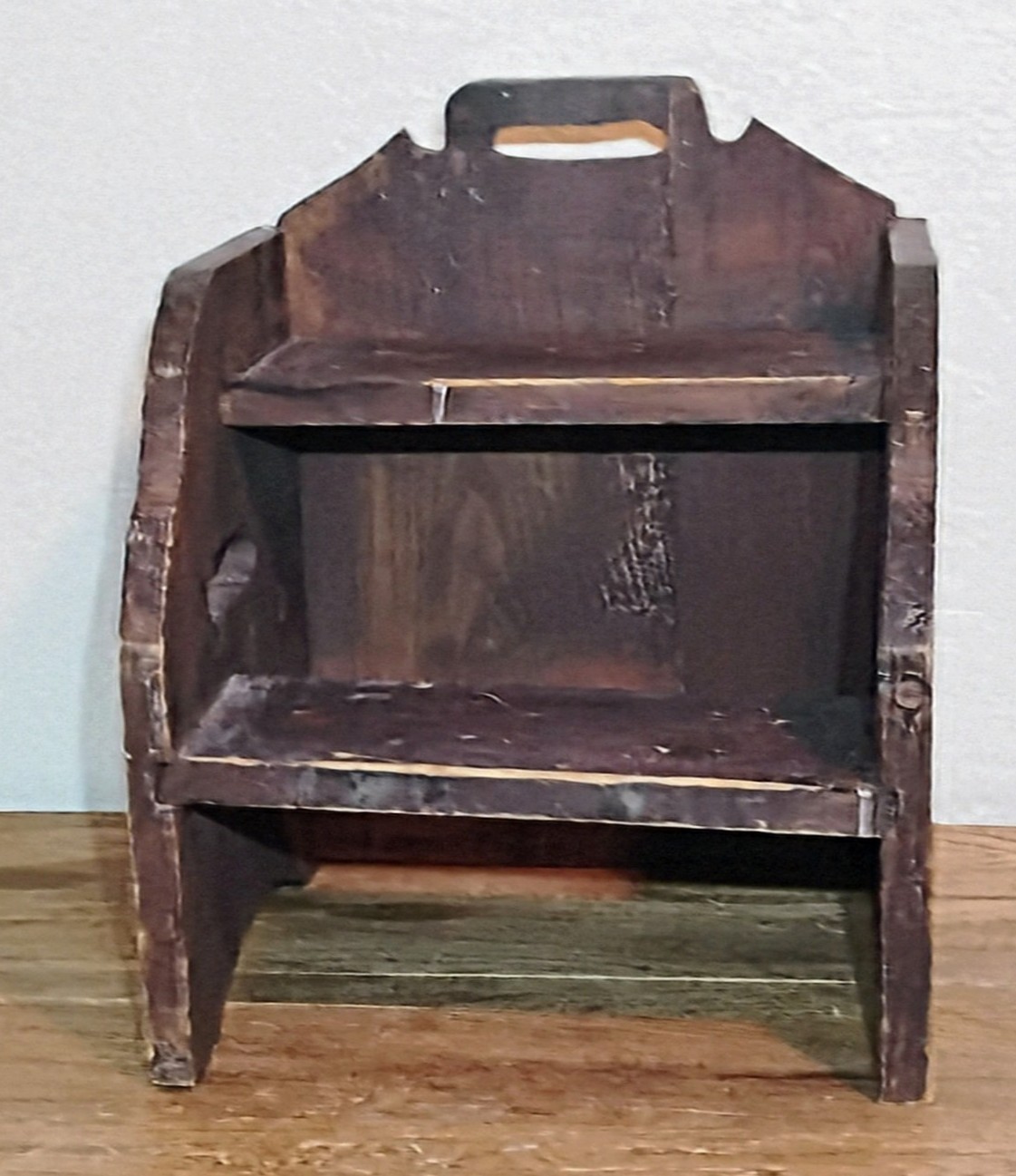 Antique Handmade Wooden Step Stool with Handle Rustic Brown Stained Portable