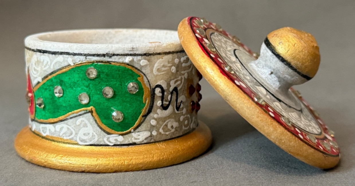 Unique Hand Painted Trinket Box W/Lid Beads Multicolor Made in India 3" X 3"