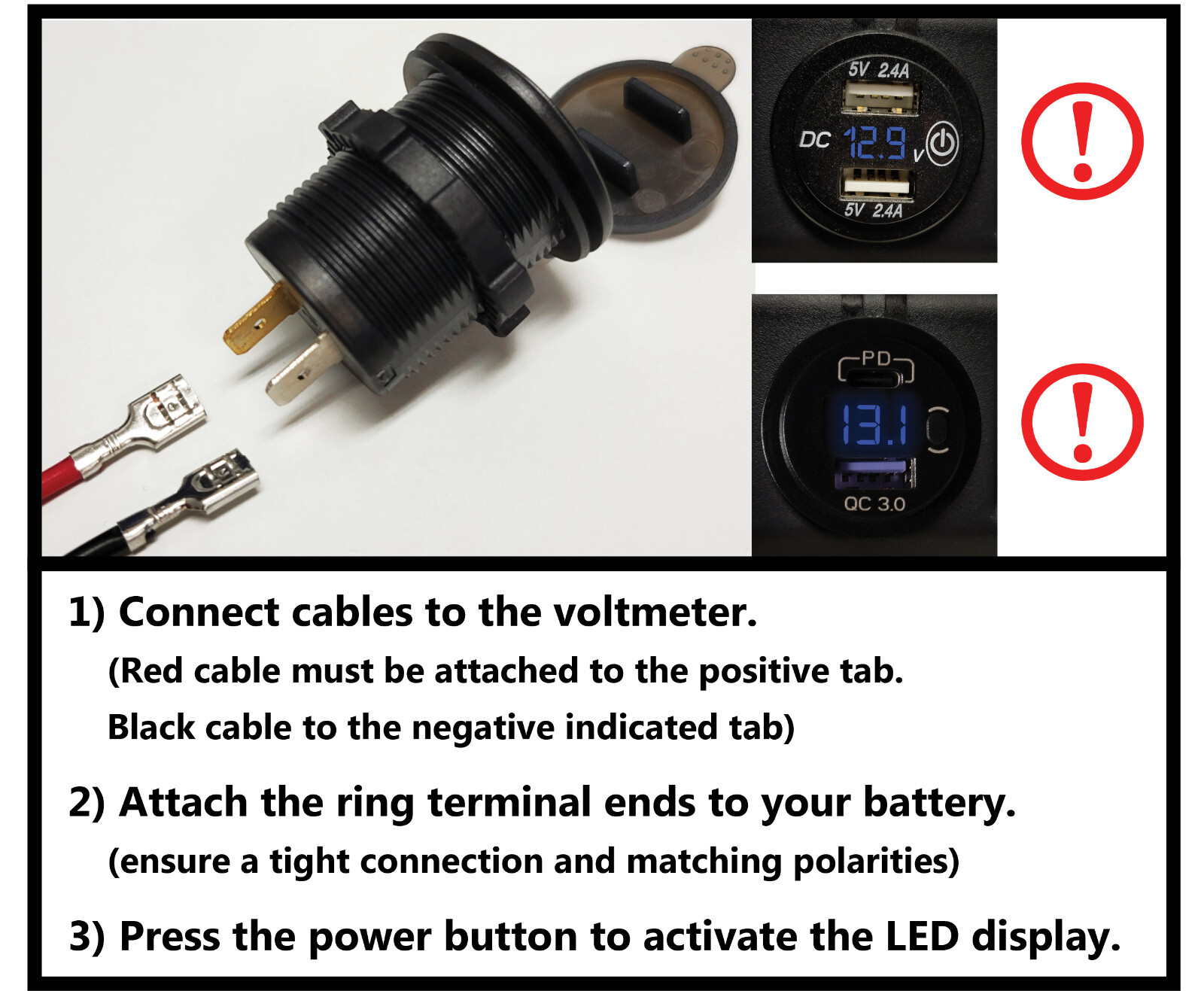Voltmeter Digital Display LED 5/16" Ring Cables DIY Panel Do It Yourself K3