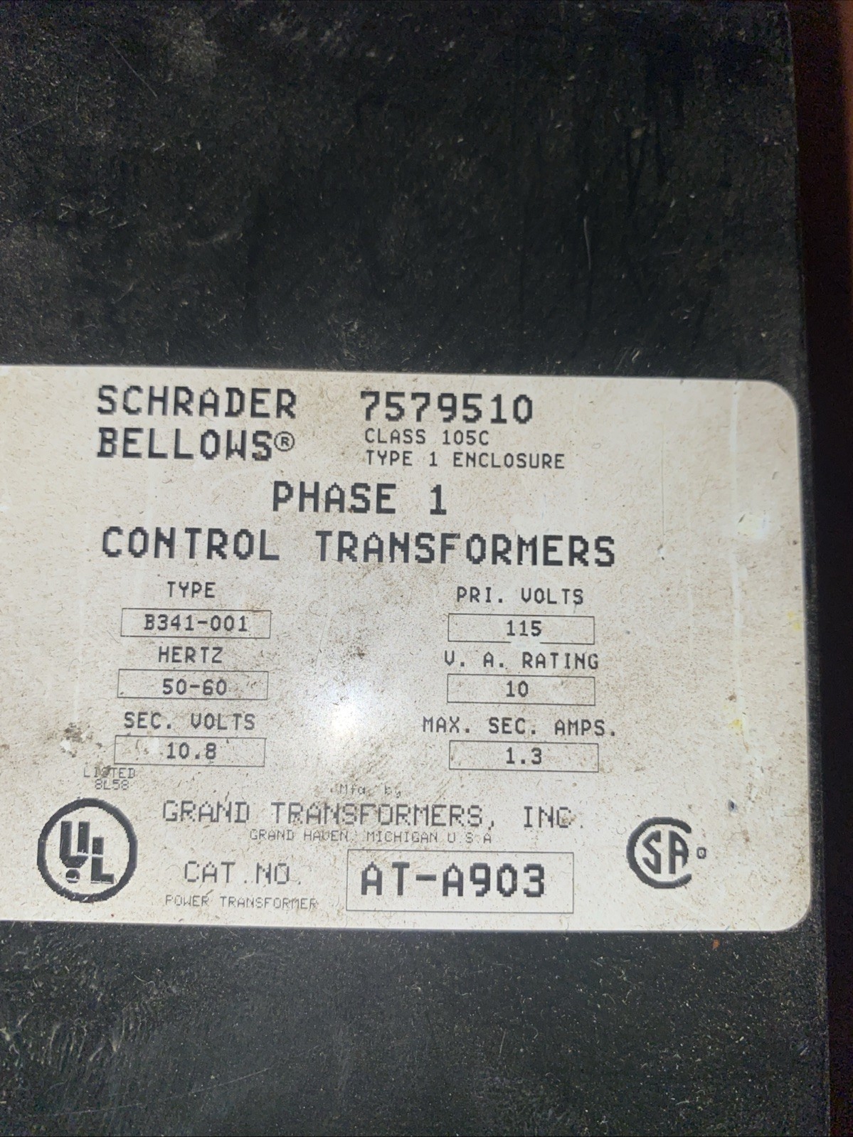Schrader Bellows Control Transformer AT-A903 B341-001