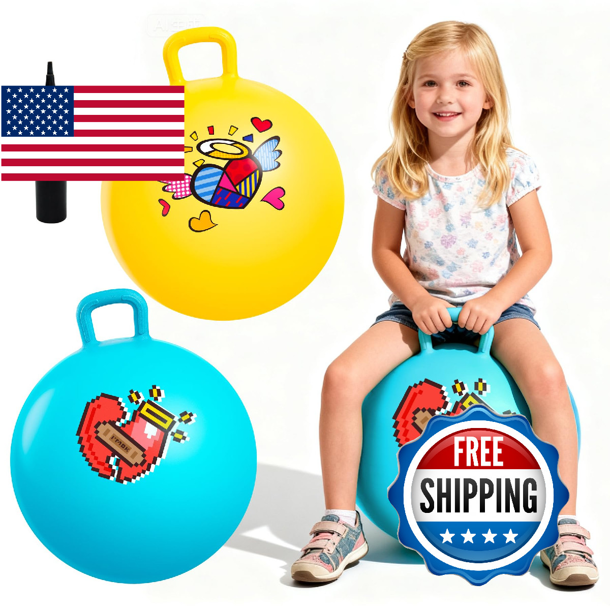 EVERICH TOY 2-Pack Hopper Ball for Kids, 18In Hippity Hop Balls, Yellow & Blue B