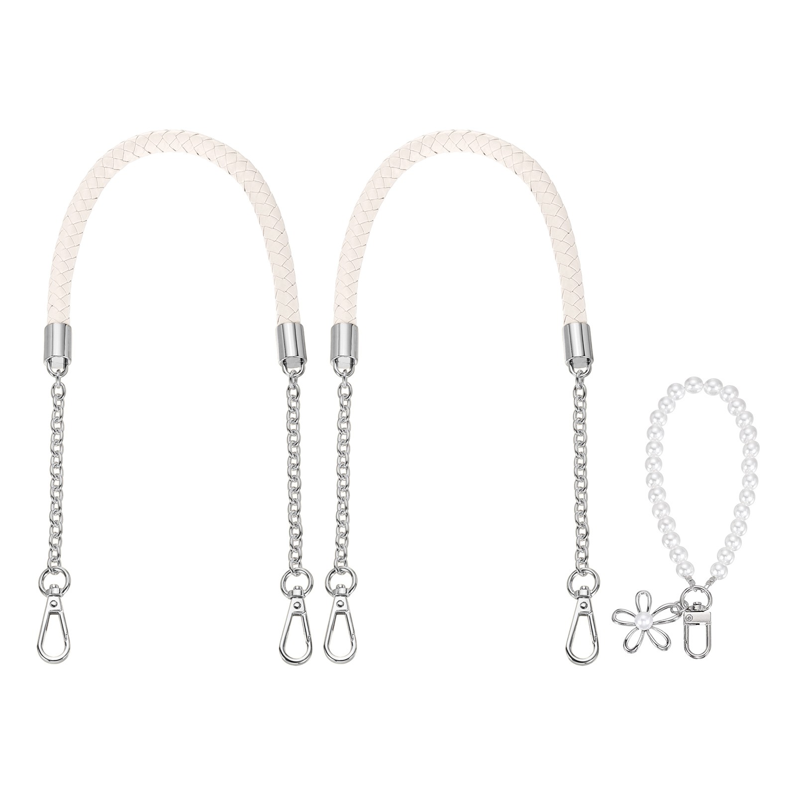 2Pcs 23.6Inch PU Leather Purse Strap with Pendant (Cream, Silver Chain)