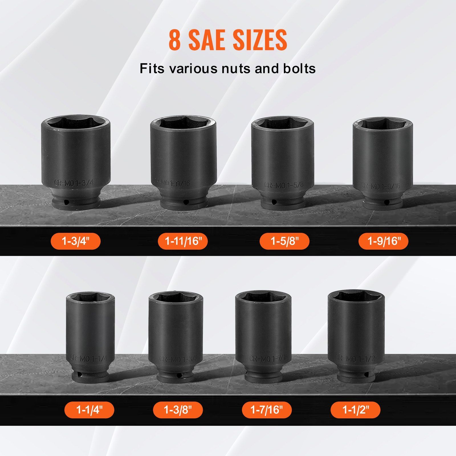 Axle Nut Impact Socket Set 1/2" Drive Deep 6-Point 8PCS SAE Nut Socket